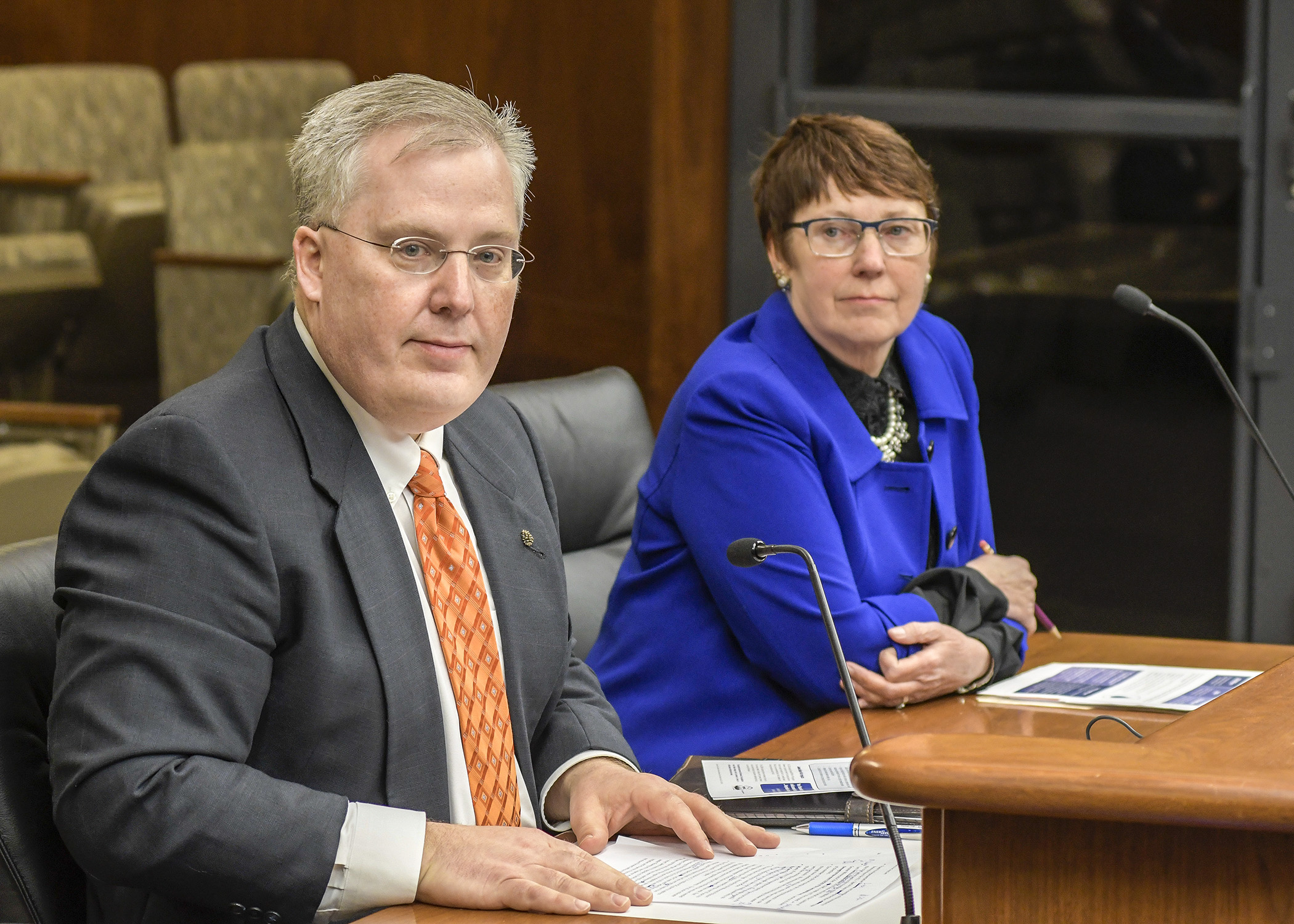 Austin City Administrator Craig Clark testifies before a House division Feb. 13 in support of a bill sponsored by Rep. Jeanne Poppe, right, that would provide clean water funding. Photo by Andrew VonBank